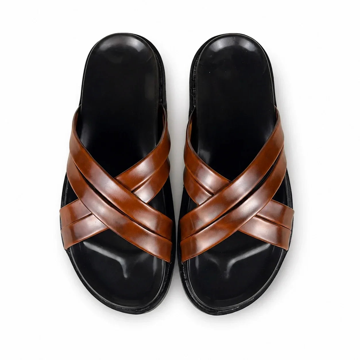 STRAP LEATHER SLIPPER - BROWN