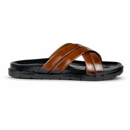 STRAP LEATHER SLIPPER - BROWN