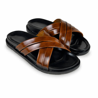 STRAP LEATHER SLIPPER - BROWN